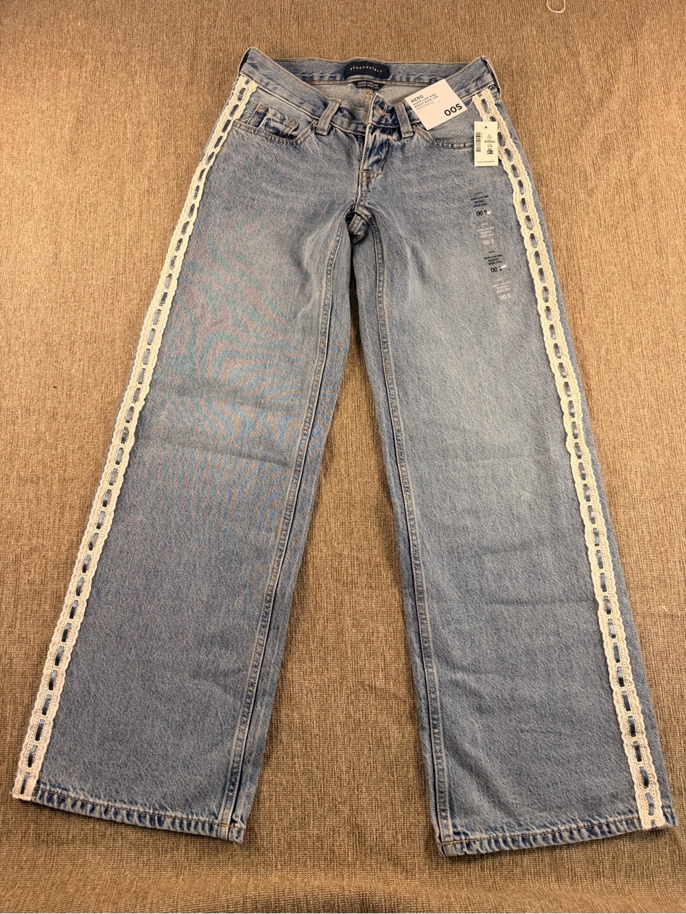 NWT Aeropostale Super Low Rise Baggy Wide Leg Lace Trim Ribbon Jeans 00 Short